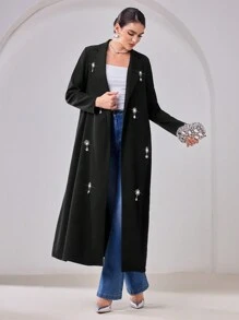 Al Najma Women's  Rhinestone Decorated Long Sleeve Cardigan, Minimalist Casual Arabic Style Abaya
