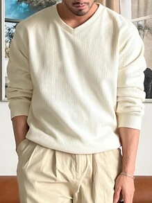 DAZY 男士休闲纯色套头衫，百搭秋季 - 杏色 - 查看 9