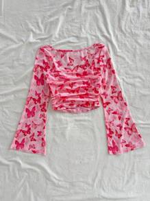 Soleia Blouse pour femmes, vacances, romantique, Saint-Valentin, col carré rose, plissée, manches évasées, teinture, impression papillon, filet