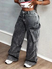 SHEIN Slayr Women's Street Style Utility Cargo Straight Leg Denim Jeans