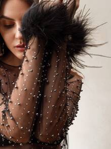 Anewsta Women's White Mesh Sheer Rhinestone Beaded Fluffy Sweater - Black - View 1