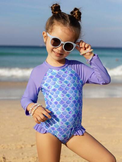 Traje de baño de una pieza con mangas largas con volantes y estampado de escamas de sirena para niñas, para playa de verano