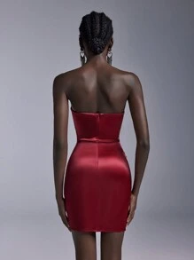 Elitara Elegant Angora Red Tube Novel Special-Shaped Shell Breast Shape, Pleated Waist And Luxurious Sequins Computer Beading, See-Through Tight-Fitting Buttocks, Wedding Guest Dress, Suitable For Dating, Vacation, Bachelor Party, Wedding, Valentine's Day Event Cocktail Dress