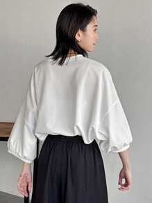 FRIFUL Women's Pleated Versatile Solid Color Batwing Sleeve Loose Blouse - Apricot - View 6