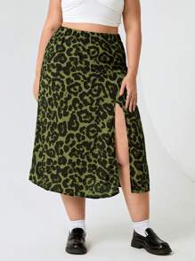 SHEIN EZwear Falda con estampado de leopardo y cintura elástica para mujer talla grande