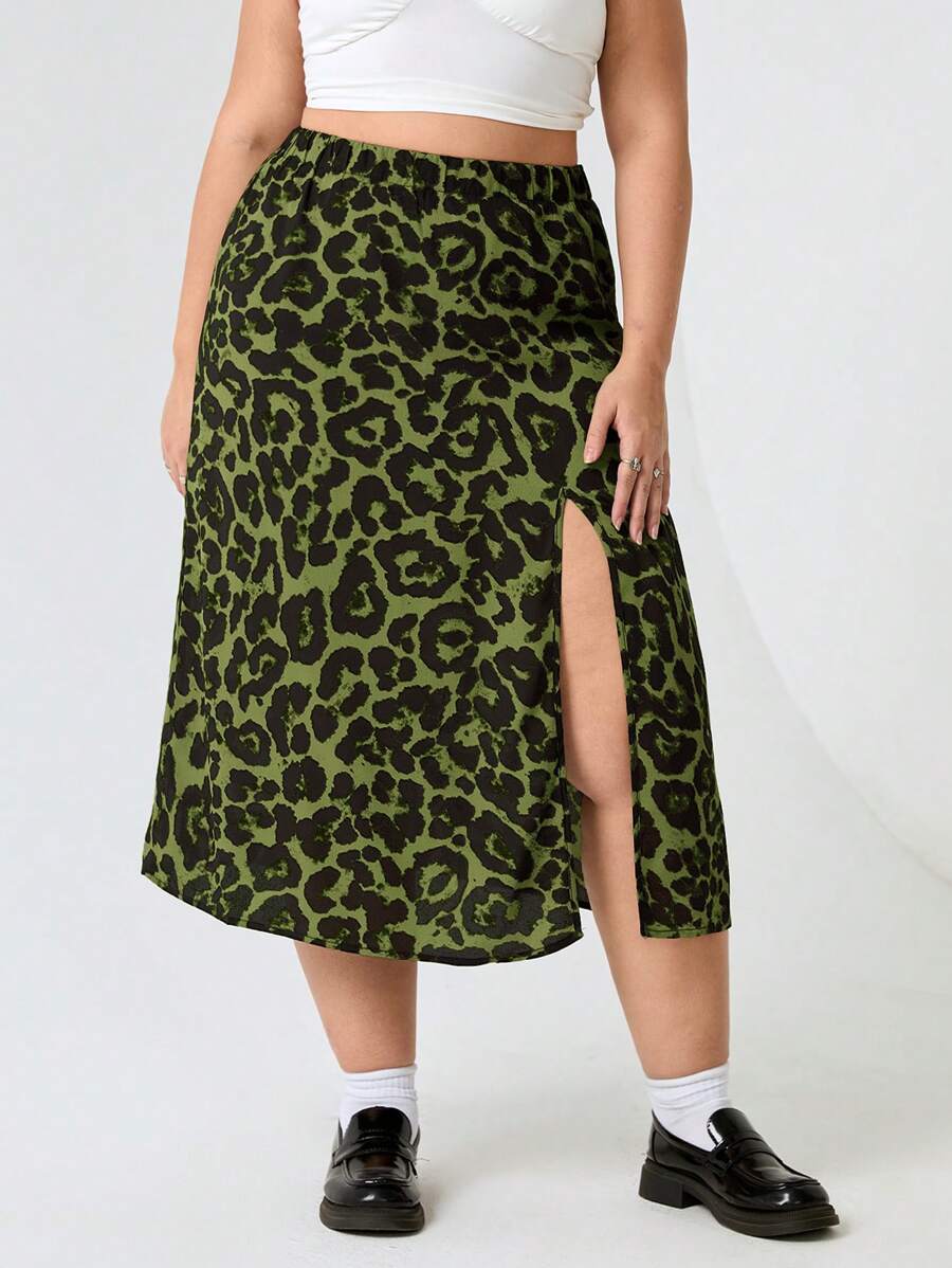 SHEIN EZwear Falda con estampado de leopardo y cintura elástica para mujer talla grande