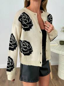 SHEIN Élégant cardigan col rond jacquard de couleur contrastée avec motif floral premium