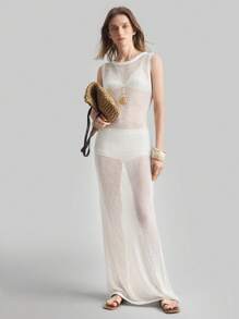 Ontre Robe longue sans manches transparente de couleur unie 2025 pour femmes, style minimaliste décontracté, tenue de villégiature, robe en tricot ajourée, convient pour les vacances dans les îles