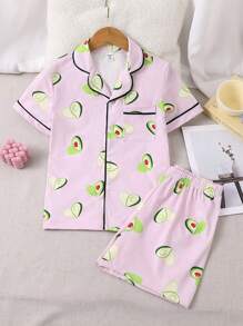 2pcs/Set Tween Girl Casual Avocado Print T-Shirt And Shorts, Comfortable Home Outfit - Pink - View 1