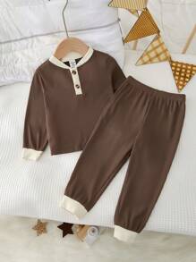 Baby Boy Simple Contrast Placket Long Sleeve Top And Pants Comfy Ribbed Knit Loungewear Set, 2pcs