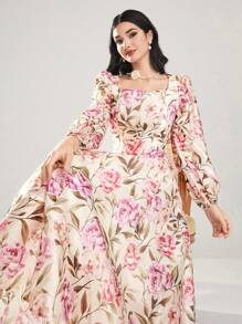 Modelyn Women's Floral Print Square Neck Lantern Sleeve Long Dress, Elegant - Multicolor - View 1