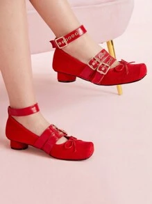 CUCCOO DOLLMOD Women's Bowknot Perforated Mary Jane Strap Buckle Square Toe Chunky Low Heel Punk Style Red Faux Suede Vegan Leather High Heel Pumps, Cute Personalized Street Fashion Valentine's Day - Red - View 3