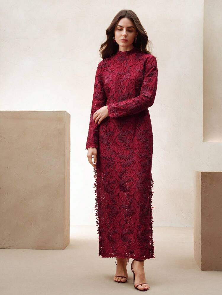Chinese Style Retro Black Heavily Embroidered Hollow-Out High Collar Long Sleeve Slit Sexy Dress Maxi Embroidery Women Outfit