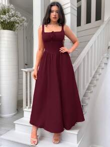Firerie Women's Romantic Red Square Neck Long Dress - Burgundy - View 1