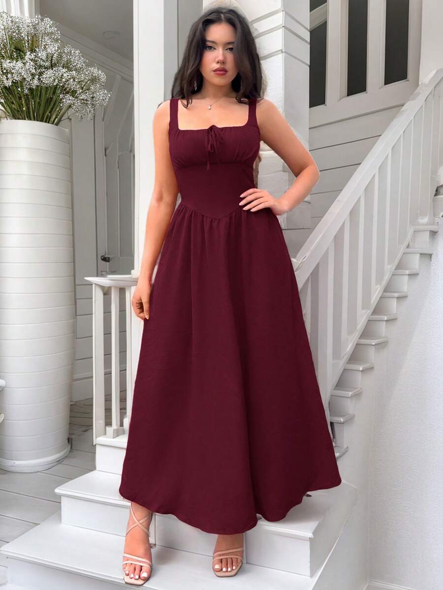 Firerie Women's Romantic Red Square Neck Long Dress - Burgundy - View 1