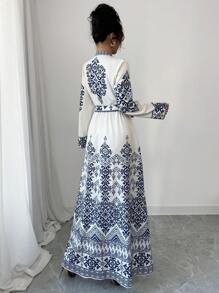 Elenzga Long Sleeve Fitted Waist Long Dress For Women