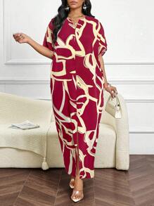 SHEIN Lady Vestido modesto de manga de mariposa tejido, elegante y casual para otoño e invierno, estilo árabe - Rojo - Ver 4