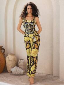 Swim Oasis Summer 2pcs/Set Women Placement Print Square Collar High Cut One-Piece Swimsuit & Skirt Resort - Multicolor - View 4