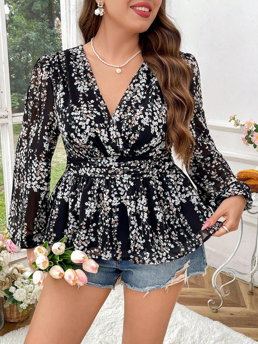 Flirla Plus Size V-Neck Ditsy Floral Long Sleeve Waist Gathered Ruffle Trim Shirt - Multicolor - View 1