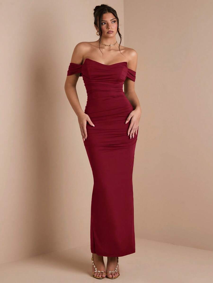 SHEIN BAE Autumn/Winter Solid Color Khaki, Coffee, Brown Tube Top Cross-Wrap Long Fitted Midi Dress With Sleeves, Suitable For Layering, Cocktail Party, Romantic Date, Formal Gathering, Bridesmaid, Halloween & Christmas