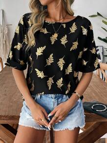 SHEIN LUNE 女士时尚休闲衬衫，短袖，垫肩翻领，圆领，黑色和金色树枝和树叶印花，宽松版型，春夏 - 黑色 - 查看 3