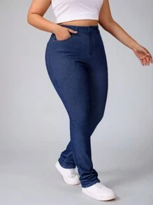 SHEIN Essnce 大码女式弹力蓝色牛仔时尚修身超长宽松牛仔裤 - 藍色 - 查看 7