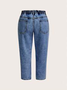 SHEIN CURVE+ 大码女式时尚破洞锥形牛仔裤 - 深色水洗藍 - 查看 8