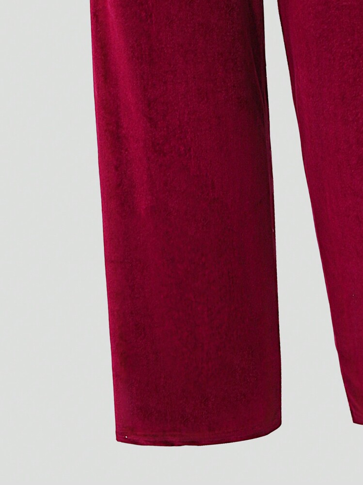 SHEIN Explorewe Teen Girl Valentine's Day Velvet Vintage Spaghetti Strap V-Neck Halterneck Spaghetti Strap Jumpsuit For Teenagers, Snug Fit, Flowy, Soft, Suitable For Casual Holiday, Elegant, Wedding, Wedding Guest - Red - View 4