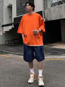 DAZY 夏季男士枫叶印花超大T恤，橙色，图案T恤