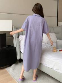 DAZY Women's Front Button Pocket Striped Loose Short Sleeve Robe,Back To School Clothes Pajama - Purple - View 2