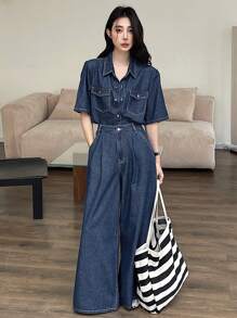 DAZY Women's Western Style Outfit: Contrast Stitch Short Sleeve Loose Blouse & Wide Leg Denim Pants Set,Back To School Clothes - Dark Wash - View 1
