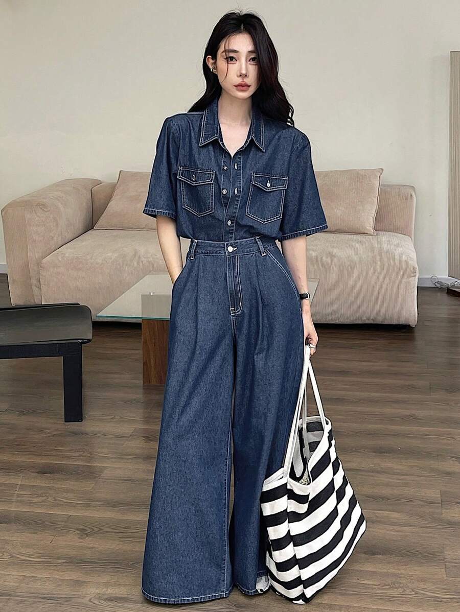 DAZY Women's Western Style Outfit: Contrast Stitch Short Sleeve Loose Blouse & Wide Leg Denim Pants Set,Back To School Clothes - Dark Wash - View 1
