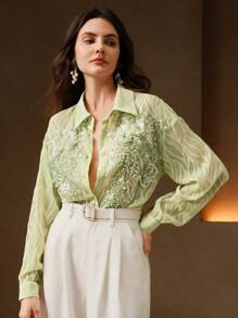 Anewsta Blusa transparente de manga larga, estilo casual, con bordados y cuentas florales, en estilo retro francés, como un conjunto de Año Nuevo