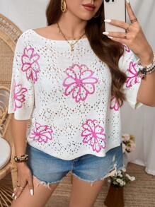 SHEIN LUNE Plus Size Flower Pattern Crew Neck Short Sleeve Casual Pullover Sweater Rose Red Printed Hollow Woolen Short Top, Festival Woolen Plus Size Women Clothes Festival Bohos Clothes Festival Bohos Plus Size Summer Outfits For Women