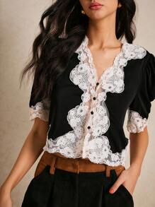 Poéselle 女士撞色蕾丝短款泡泡袖单排扣优雅衬衫，可爱夏季上衣，外出上衣，尽显女性优雅气质 - 黑色 - 查看 8