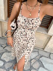 SHEIN Frenchy 女士优雅全印花无袖前系带中长连衣裙，侧开衩下摆，抽象豹纹细肩带连衣裙，挤奶服，收腰中长连衣裙，夏季连衣裙，法式假日优雅装扮，适合日常穿着，夏季连衣裙春装 - 彩色 - 查看 6