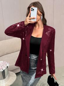 SHEIN Privé Women's Asymmetrical Two-Tone Blazer Jacket - Burgundy - View 3
