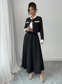 Elenzga 2 pièces Ensemble veste à col montant bicolore et mini-jupe pour femmes - Noir - Voir 7
