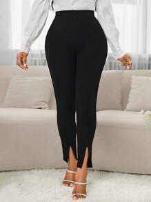 SHEIN Lady Pantalones elegantes de mujer de unicolor de corte delgado y bajo con dobladillo dividido, ideales para uso diario