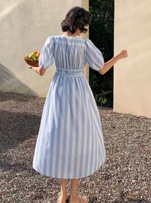 DAZY 女士条纹V领泡泡袖系带中长连衣裙，休闲女装度假装 - 藍色 - 查看 2