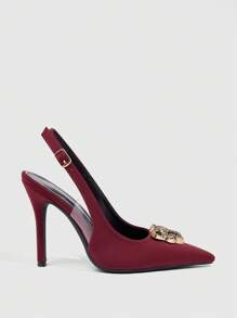 CUCCOO SZL Fashionable Women's Pointed Toe High Heel Shoes With Leopard Metal Buckle Back Open Design, Burgundy - Burgundy - View 3