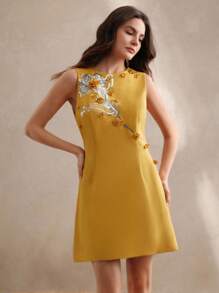 Anewsta Luxury Sleeveless Yellow Heavily Sequins & Embroidered Floral Dress For Women, Spring/Summer Outfit - Yellow - View 4
