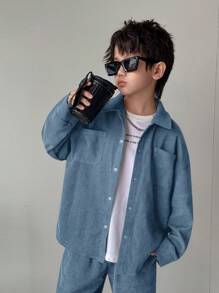 SHEIN Set de 2 piezas para niños y preadolescentes con camisa cardigan de manga larga con solapa de estilo coreano informal y pantalones rectos de pana, apropiado para la escuela, el jardín, la playa, el uso en cumpleaños, primavera, verano, otoño e invierno