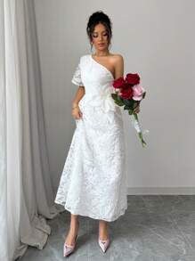 Chiquease White Lace Asymmetric Neck Embroidered Elegant Cocktail Dress