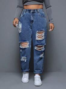 SHEIN CURVE+ 大码女式时尚破洞锥形牛仔裤 - 深色水洗藍 - 查看 3