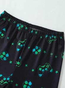 SHEIN 青少年男孩游戏机图案短袖上衣和紧身裤套装，荧光色游戏机印花，黑色紧身衣