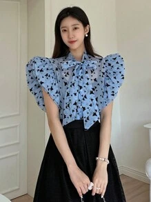 DAZY 女式超大蝴蝶结植绒领带袖口衬衫，Holidaya 花朵度假海滩衬衫，适合春夏季