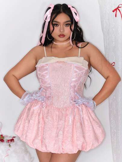 Kawaii Plus Size Sweet Bow Accent Ribbon Tie Waist Floral Print Dress, For New Year