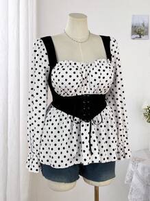 Flirla Plus Size French Style Square Neck 2 In 1 Lace-Up Long Sleeve Frill Trim Shirt For Women Fall Cloth For Women - Multicolor - View 6