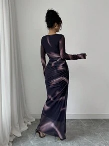 Elenzga Women's Elegant Gradient Color Print Mesh Ruffle Bodycon Maxi Dress Fall Cloth For Women - Purple - View 2
